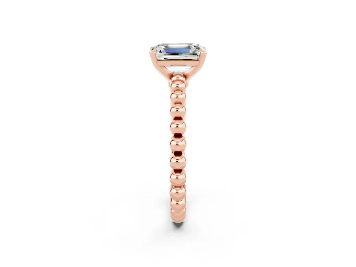 Emerald Cut Moissanite Solitaire Ring with Beaded Band and Prong Setting Rose gold