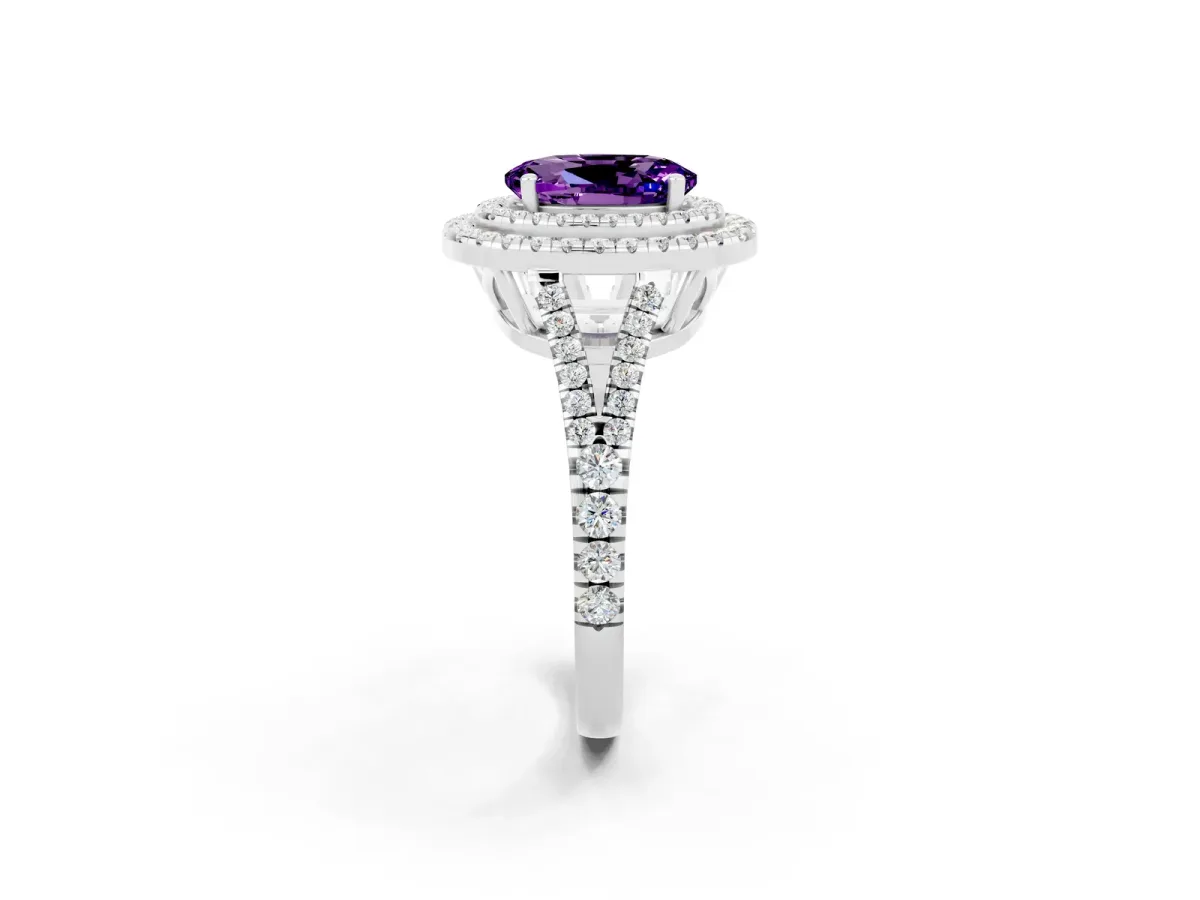 Oval Cut Amethyst Double Halo Ring with Pavé Band and Prong Setting Silver