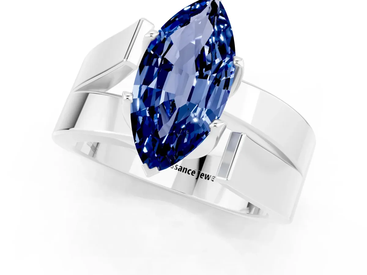 Modern Tension Set Marquise Cut Blue Sapphire Solitaire Wide Band Ring Silver