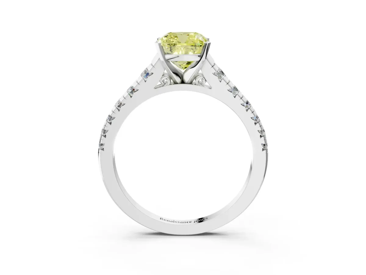 Fancy Yellow Cushion Cut Diamond Cathedral Solitaire Ring with Round Pavé Band Silver