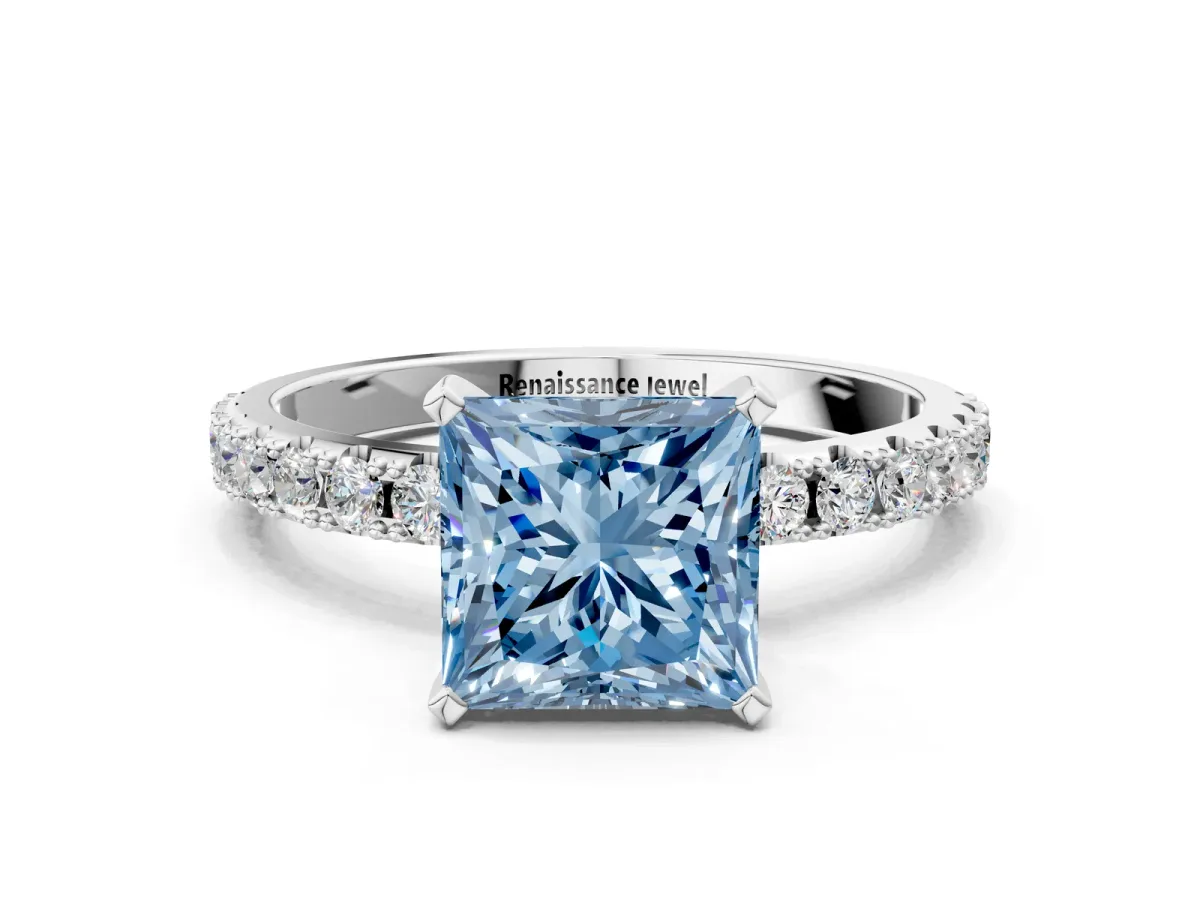 Fancy Blue Princess Cut Diamond Solitaire Pavé Band with Four-Prong Setting Silver