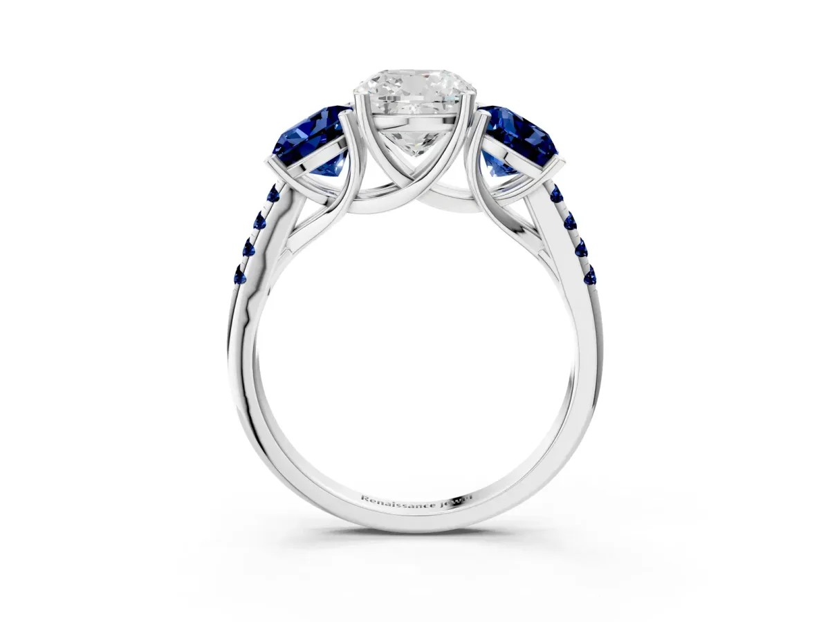 Three-Stone Cushion Cut Diamond Ring with Round Blue Sapphire Pavé Band and Prong Setting Silver