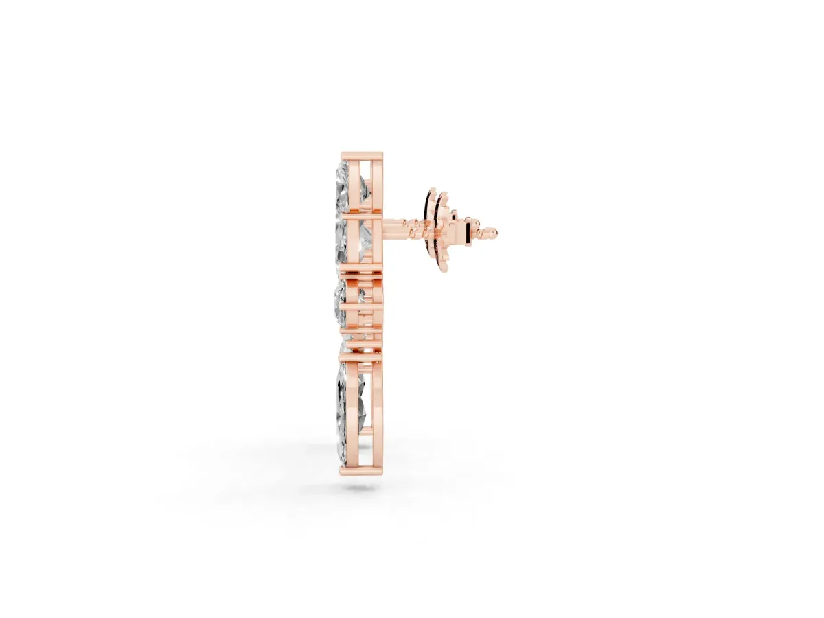 Princess, Baguette, Marquise, Pear and Round Diamond Cluster Stud Earrings Rose gold