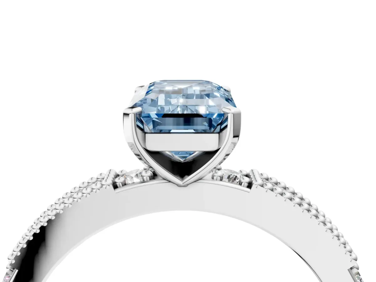 Fancy Blue Emerald Cut Solitaire with Pavé Band and Four-Prong Setting White gold