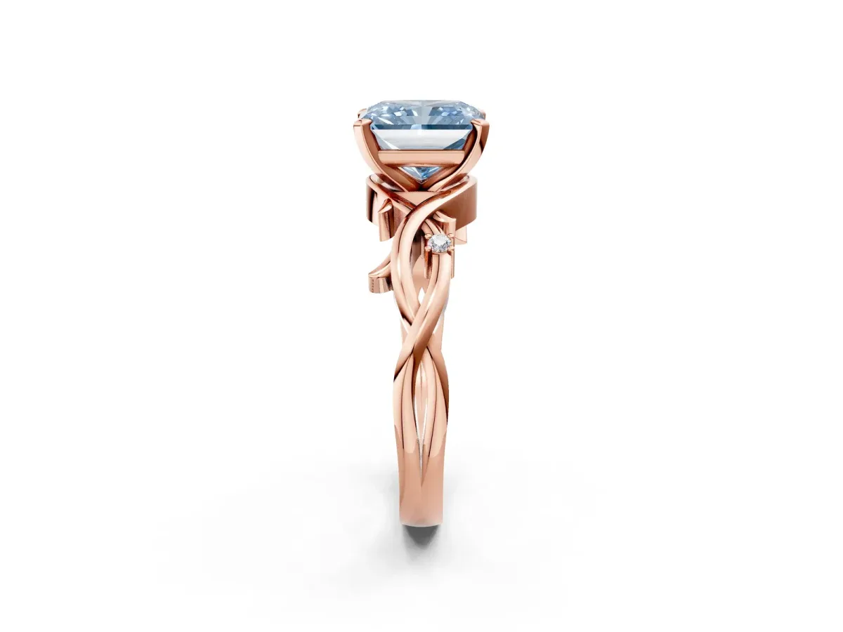 Fancy Blue Radiant Cut Diamond Solitaire Ring with Twisted Band and Prong Setting Rose gold
