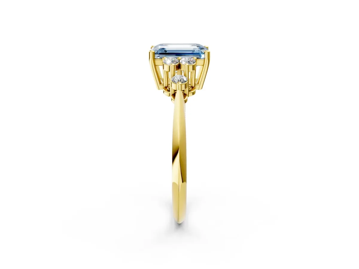 Fancy Blue Emerald Cut Cut Diamond Cluster Ring with Solitaire Band and Four-Prong Setting Yellow gold
