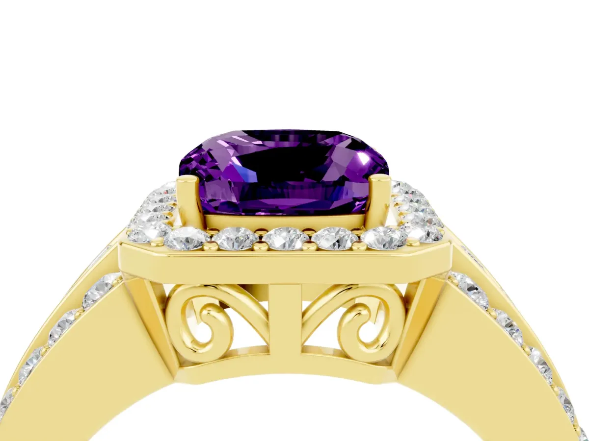 Cushion Cut Halo Amethyst Ring with Round Split Shank and Prong Setting Yellow gold