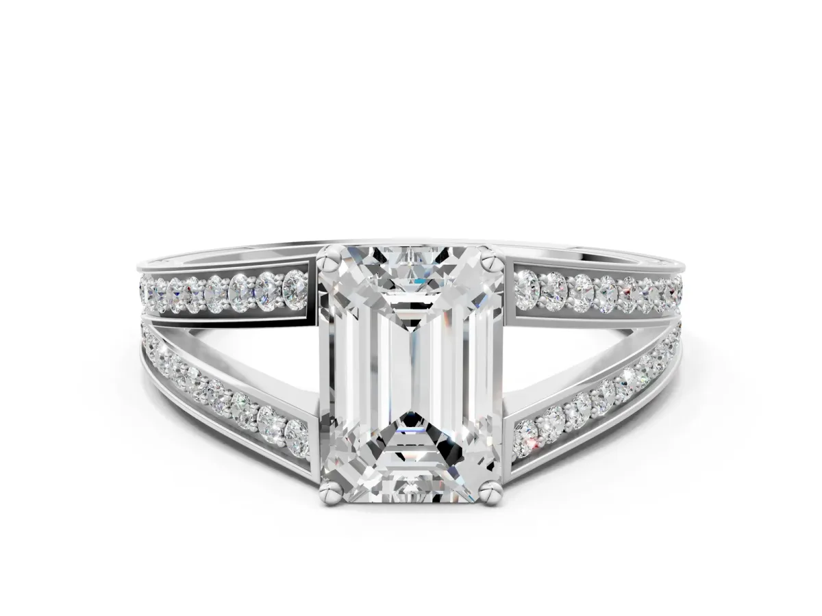 Emerald Cut Diamond Split Shank Ring with Pavé Band and Four-Prong Setting White gold
