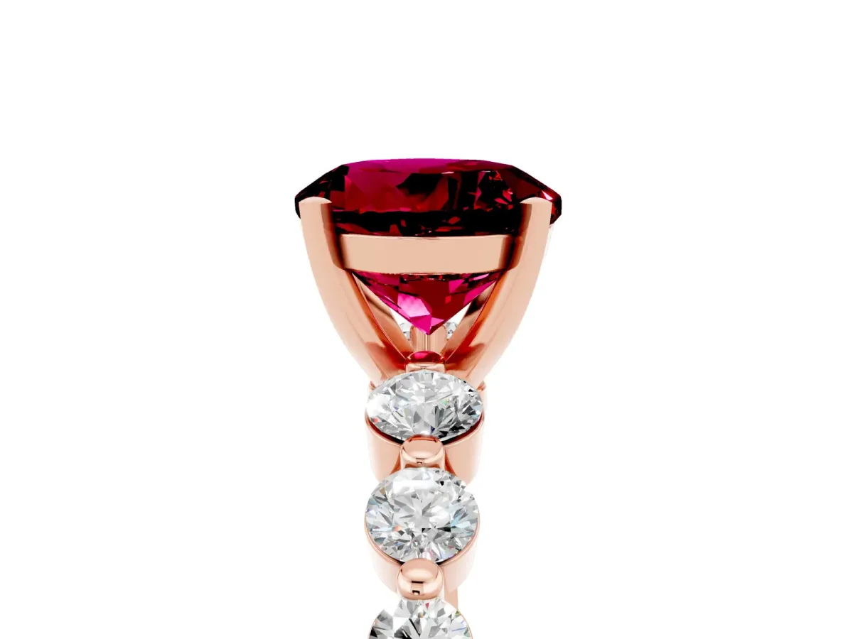 Round Cut Solitaire Garnet Ring with Pave Band and Four-Prong Setting Rose gold