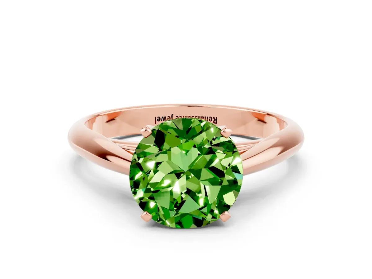 Round Cut Peridot Solitaire Engagement Ring with Cathedral Setting and Four-Prong Mount Rose gold