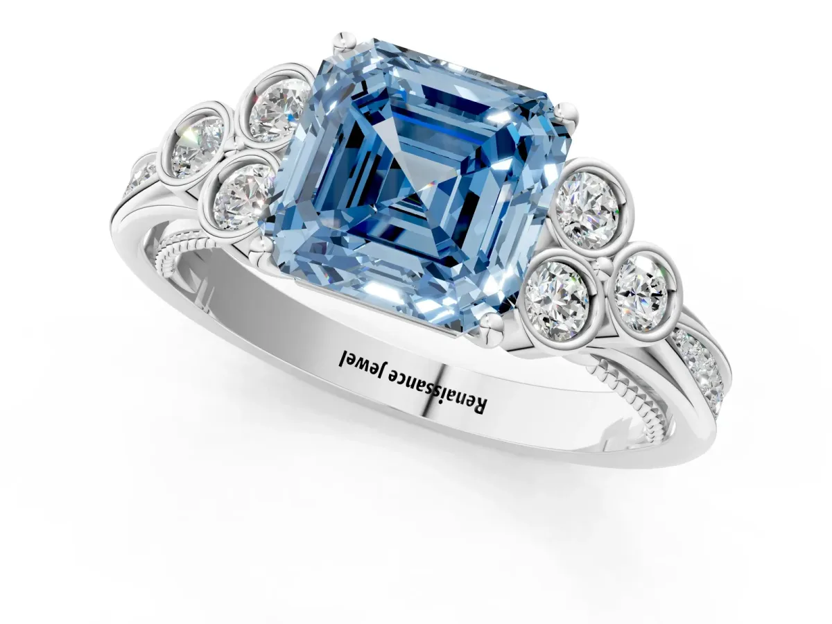 Fancy Blue Asscher Cut Cut Diamond Engagement Ring with Bezel Set Round Side Stones and Prong Setting Platinum