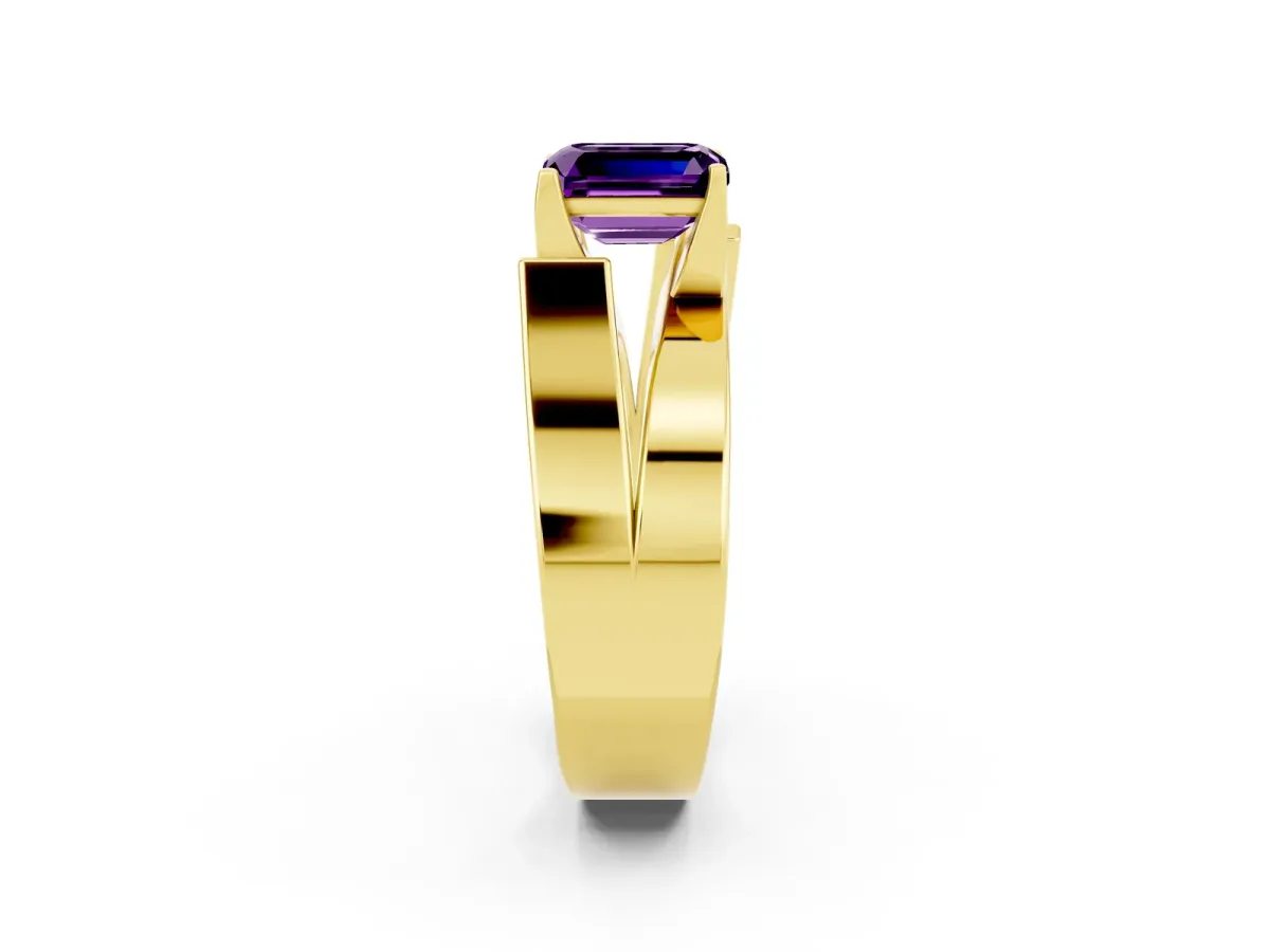 Modern Tension Set Emerald Cut Amethyst Solitaire Wide Band Ring Yellow gold