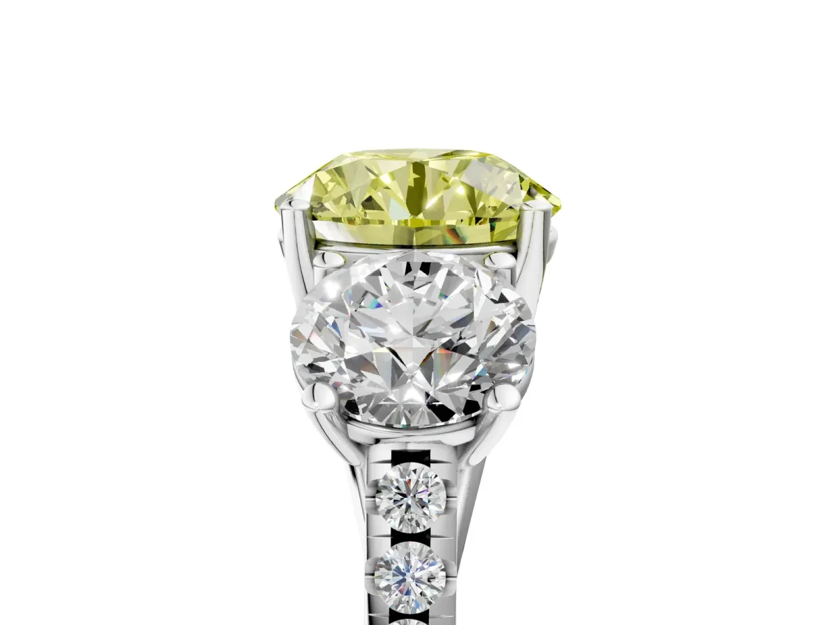 Fancy Yellow Three-Stone Round Cut Diamond Ring with Round Pavé Band and Prong Setting Silver