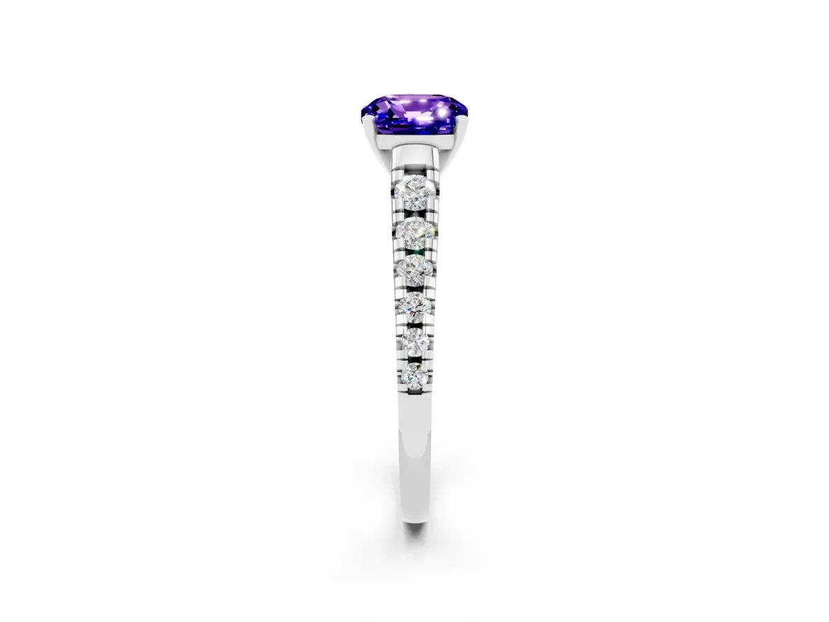 Cushion Cut Tanzanite Cathedral Solitaire Ring with Round Pavé Band Silver