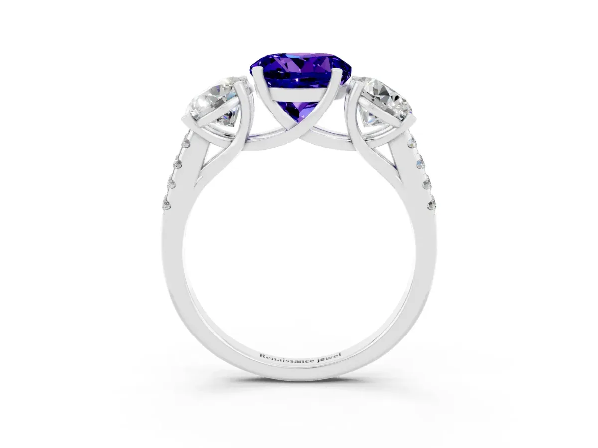 Three-Stone Round Cut Tanzanite Ring with Round Pavé Band and Prong Setting Platinum