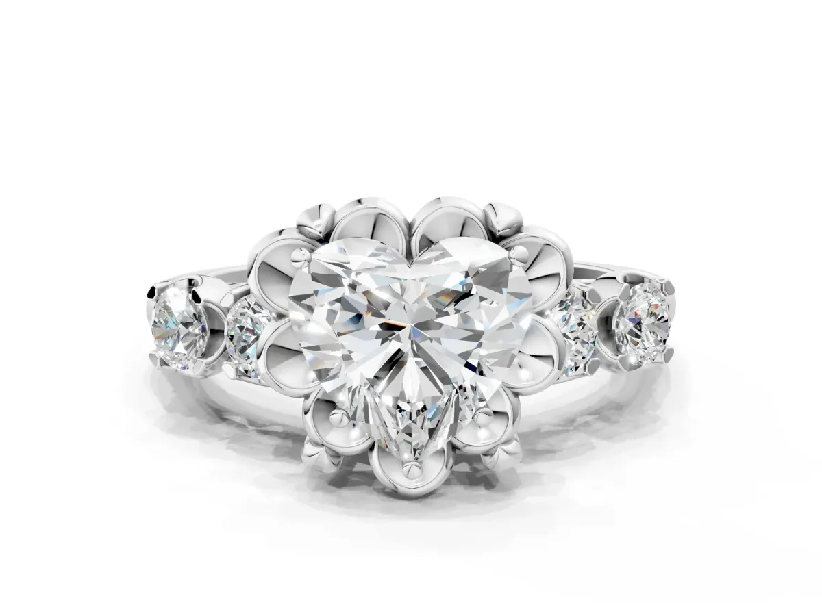 Heart Cut Cut Diamond Floral Halo Engagement Ring with Shared Prong Setting Silver