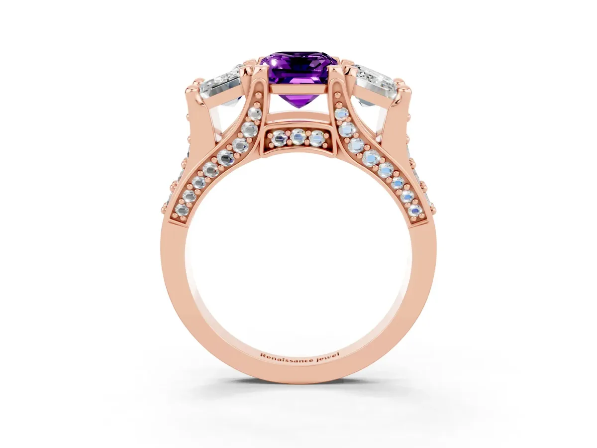 Emerald Cut Amethyst Three-Stone Ring with Channel Set Band and Four-Prong Setting Rose gold
