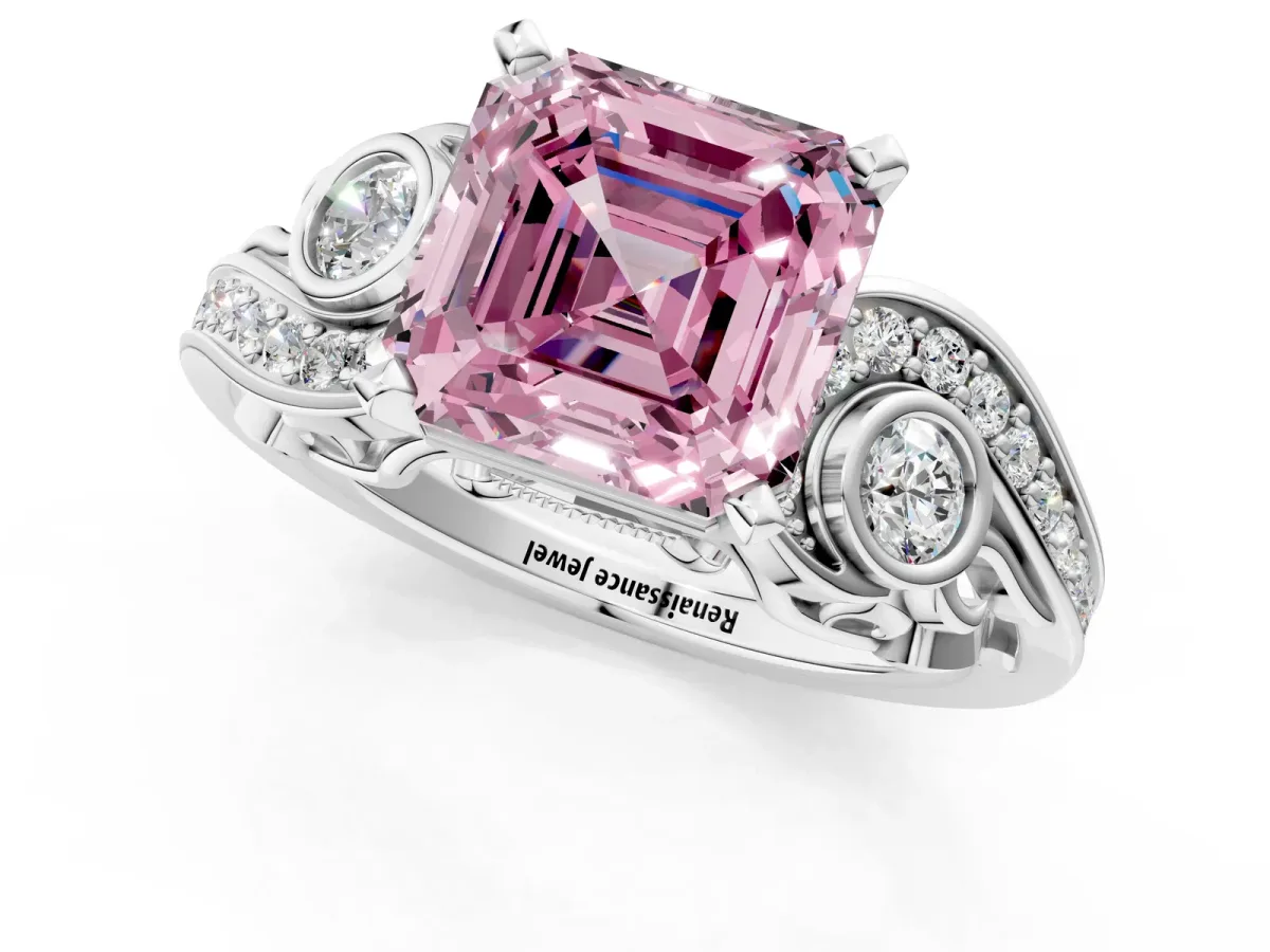 Fancy Pink Asscher Cut Diamond Solitaire Ring with Milgrain Pavé Band and Four-Prong Setting Silver