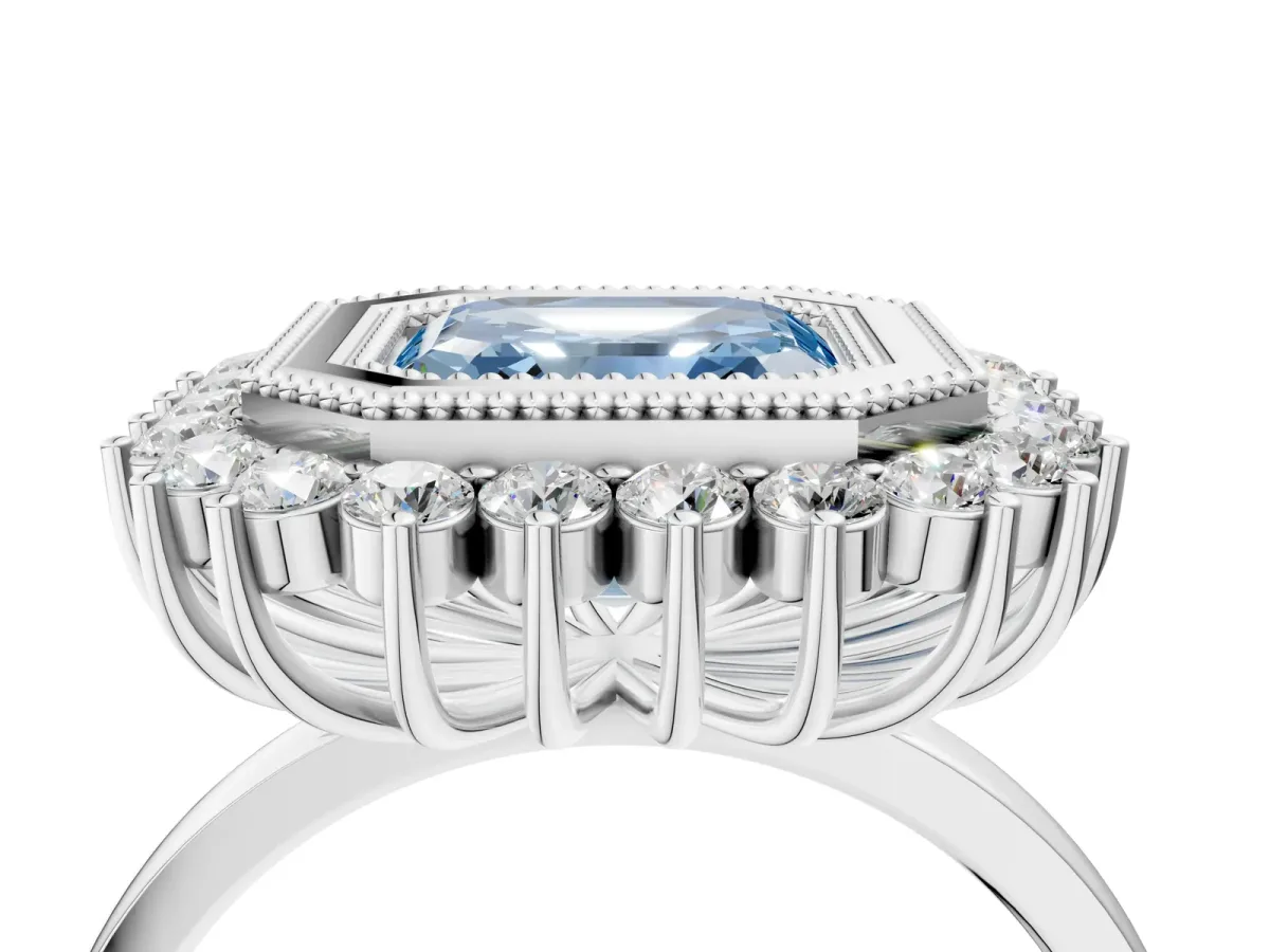 Fancy Blue Asscher Cut Halo Diamond Ring with Milgrain Edge and Round Prong Setting Platinum