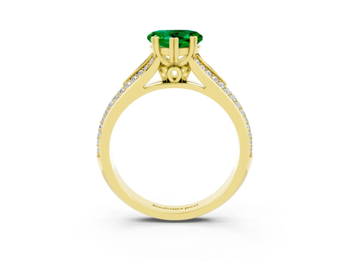 Heart Cut Emerald Split Shank Engagement Ring with Pavé Band Yellow gold
