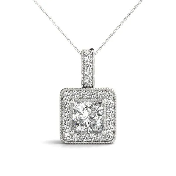 Princess Cut Halo Pendant with Four-Prong Setting Silver