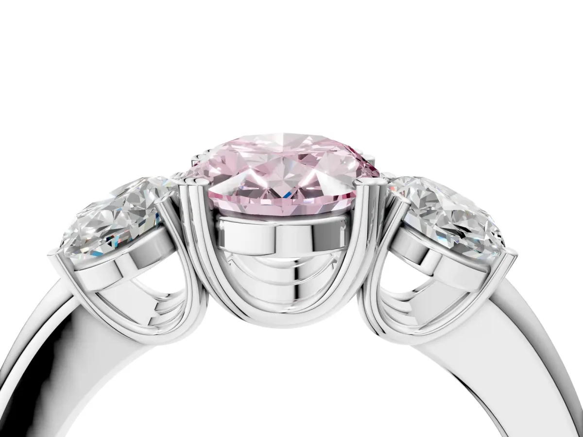 Fancy Pink Three-Stone Oval Cut Cut Diamond Ring with Channel Set Band and Four-Prong Setting Silver