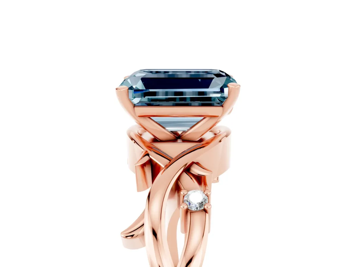 Emerald Cut Aquamarine Solitaire Ring with Twisted Band and Prong Setting Rose gold
