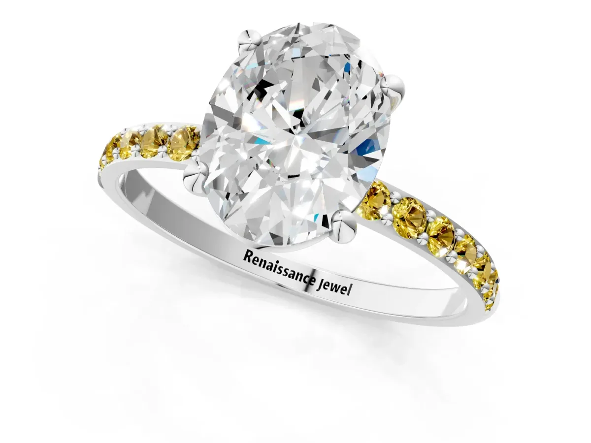 Oval Cut Diamond Solitaire Ring with Round Yellow Sapphire Pavé Band and Prong Setting Silver