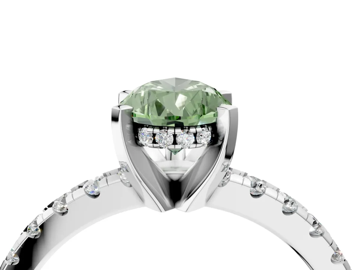 Fancy Green Pear Cut Diamond Solitaire Ring with Round Pavé Band and Four-Prong Setting Silver