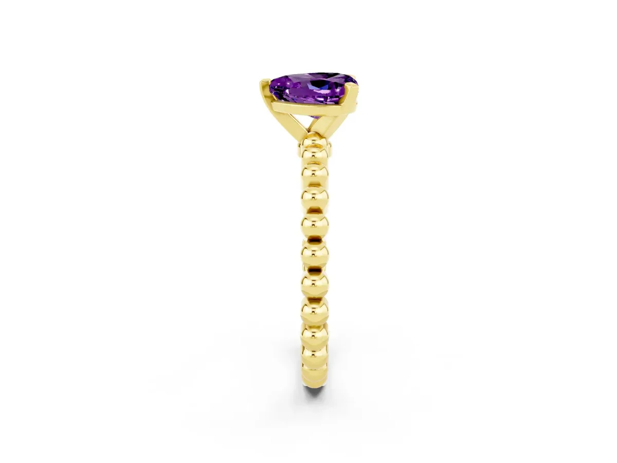 Heart Cut Amethyst Solitaire Ring with Beaded Band and Prong Setting Yellow gold