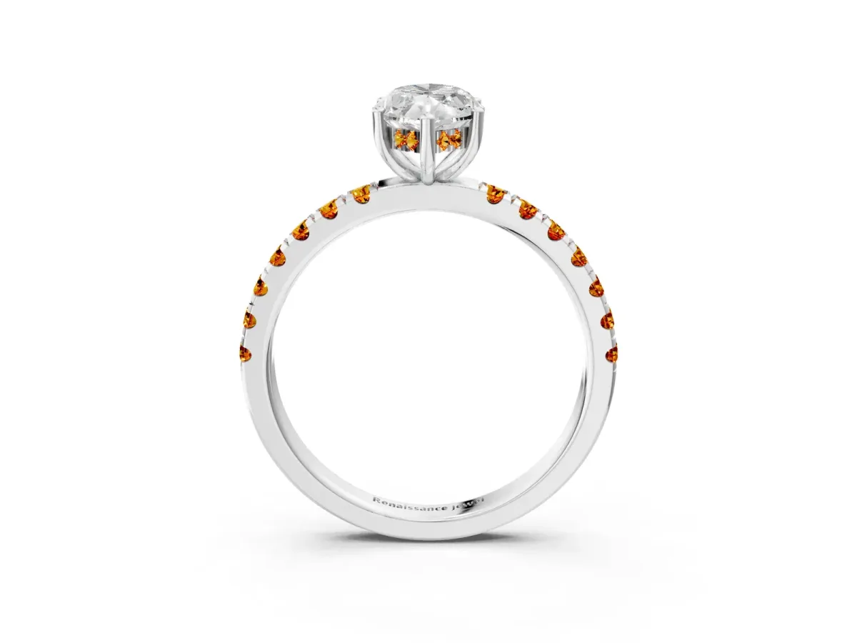 Marquise Cut Diamond Pave Band Solitaire Ring with Round Citrine and Prong Setting Silver