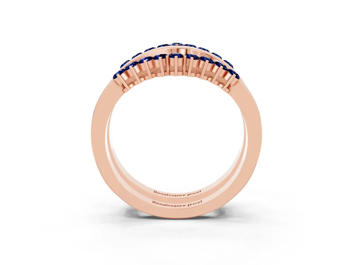 Round Blue Sapphire Chevron Contour Band with Prong Setting Rose gold