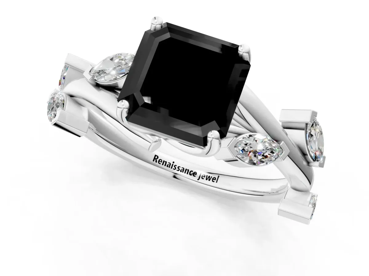 Fancy Black Asscher Cut Solitaire Twisted Band Marquise Accent Prong Setting Ring Platinum