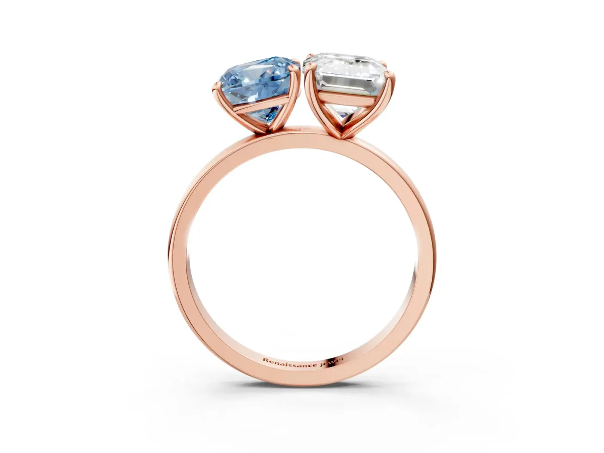 Fancy Blue Cushion Cut and Emerald Cut Toi Moi Ring with Prong Setting Rose gold
