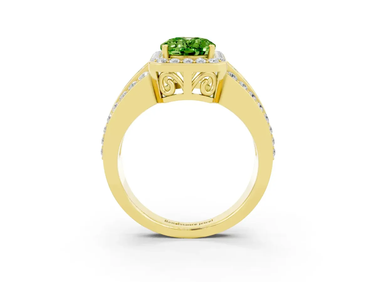 Oval Cut Halo Peridot Ring with Round Split Shank and Prong Setting Yellow gold