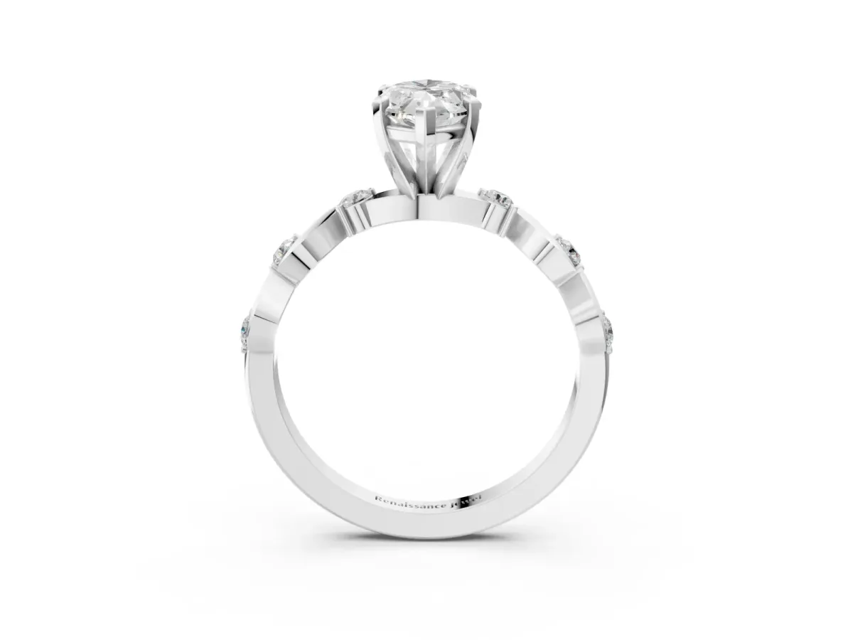 Marquise Cut Diamond Solitaire Twisted Band with Round Accents and Prong Setting Silver
