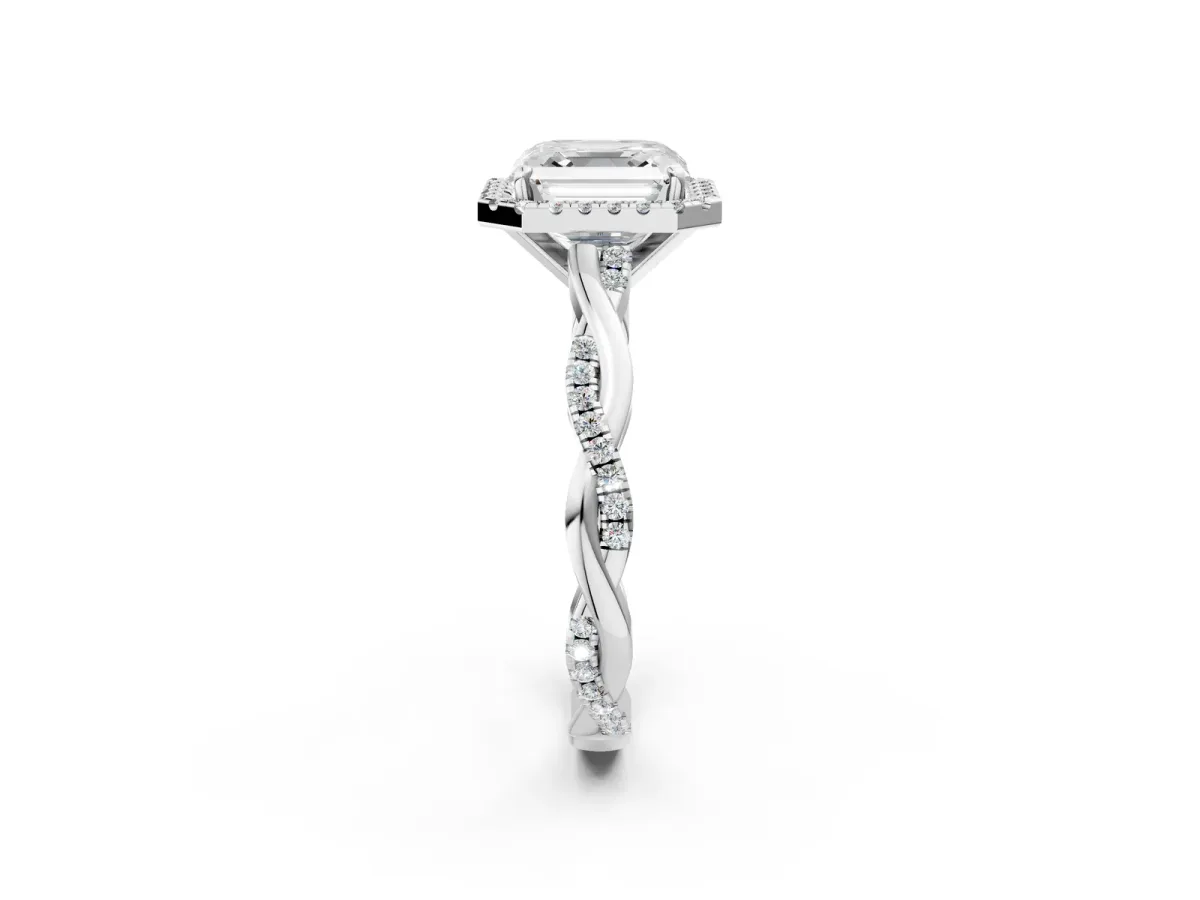 Asscher Cut Cut Halo Twisted Band Four-Prong Ring Platinum