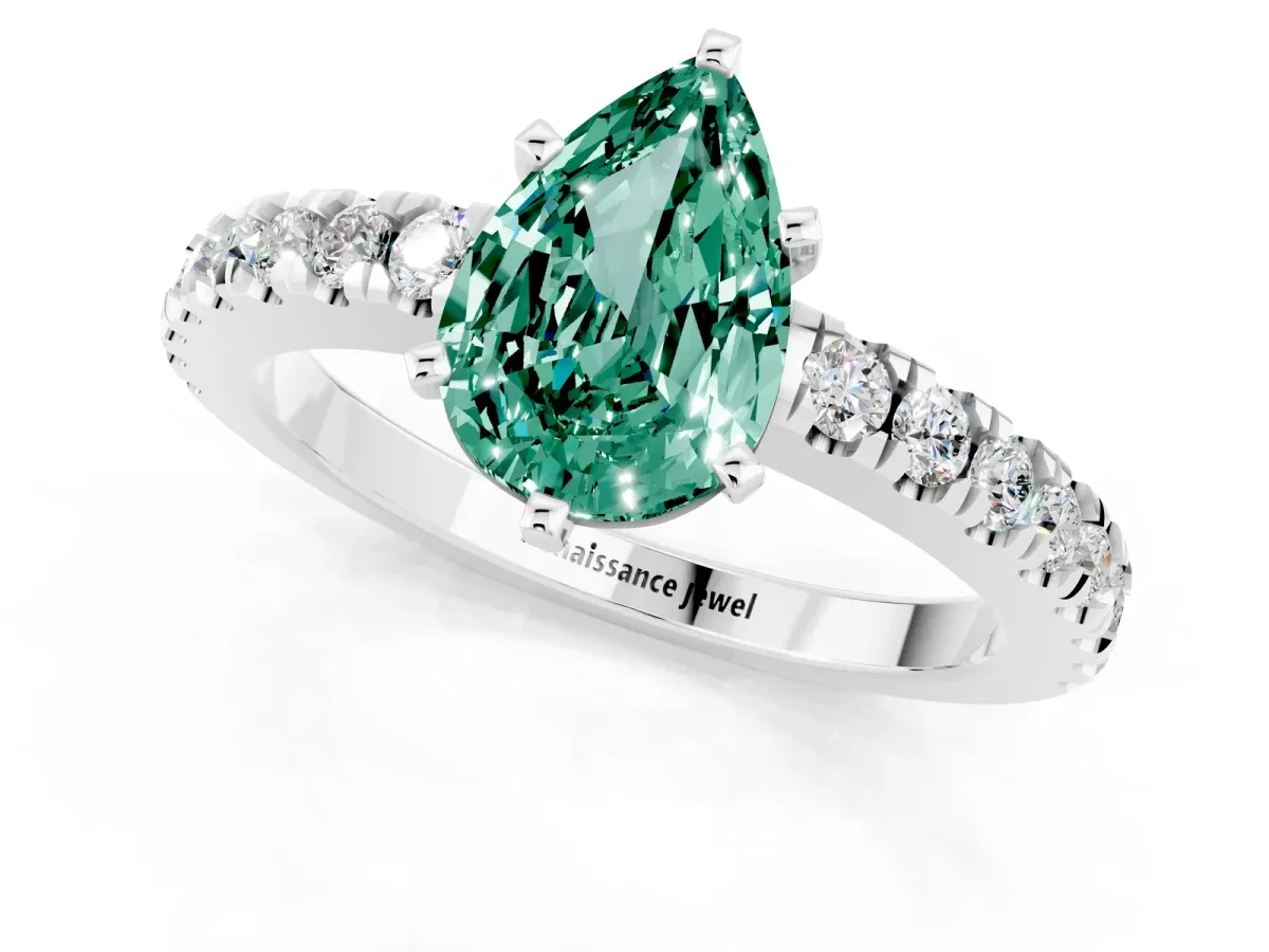 Pear Cut Solitaire Green Sapphire with Pavé Band and Four-Prong Setting Silver