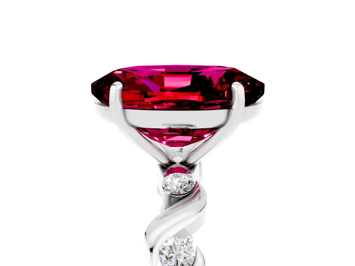 Oval Cut Garnet Solitaire Twisted Band with Round Accents and Prong Setting Silver
