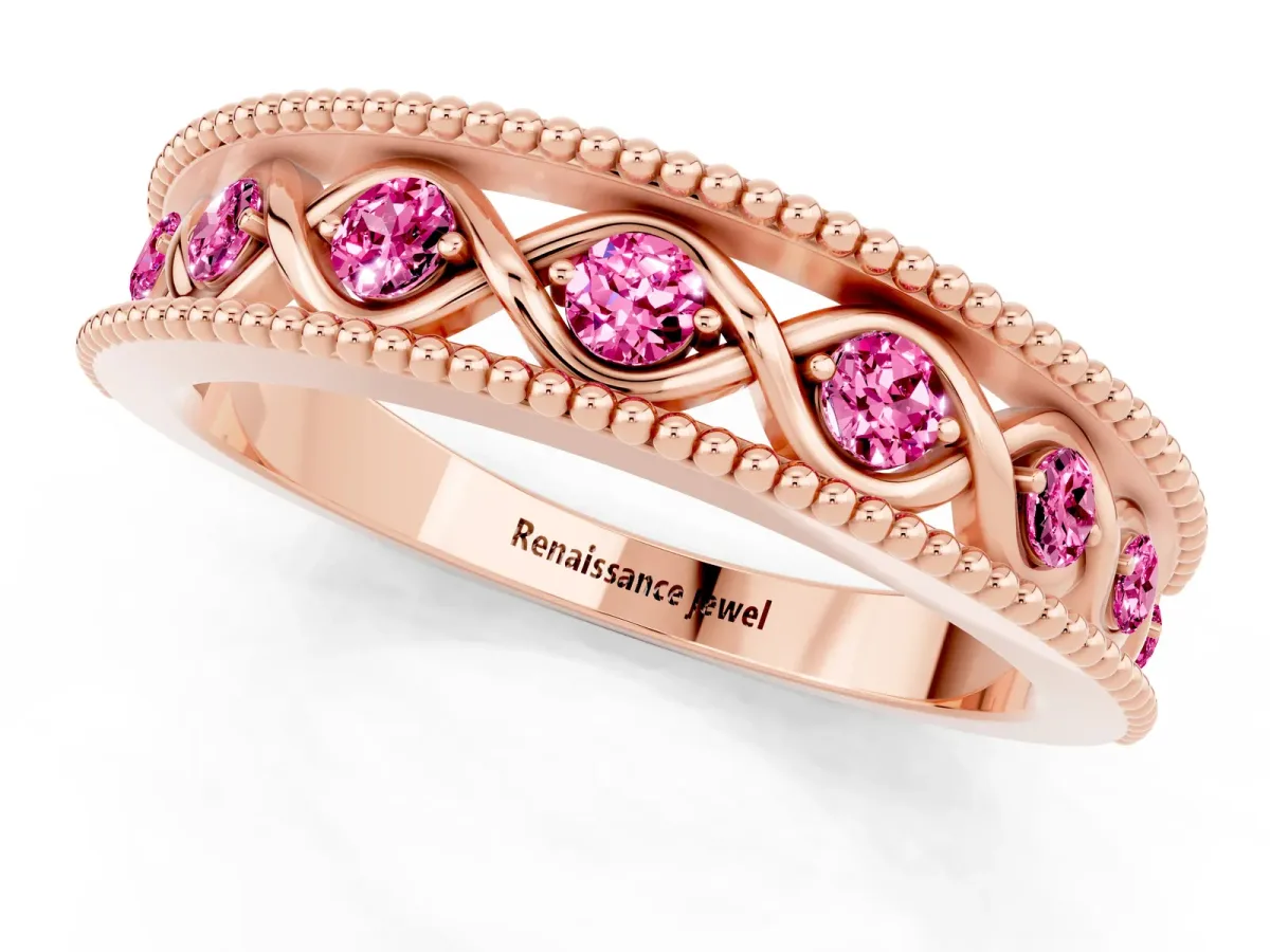 Round Pink Sapphire Twist Milgrain Band with Bezel Setting Rose gold