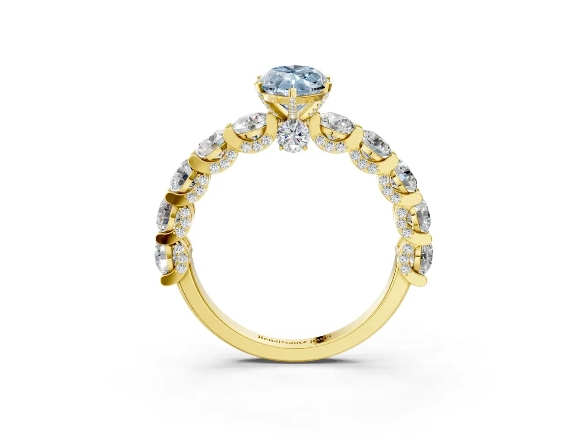 Fancy Blue Marquise Cut Diamond Side Stone Engagement Ring with Four-Prong Setting Yellow gold