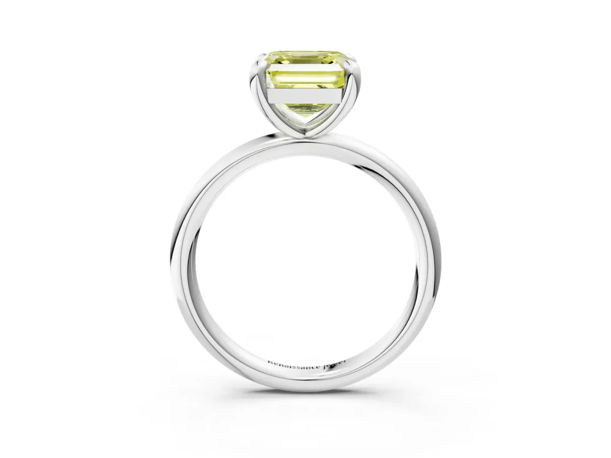 Fancy Yellow Asscher Cut Solitaire Diamond Ring with Four-Prong Setting on a Plain Band Platinum