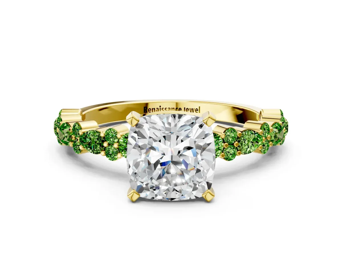 Cushion Cut Diamond Side Stone Solitaire Ring with Round Peridot and Four-Prong Setting Yellow gold