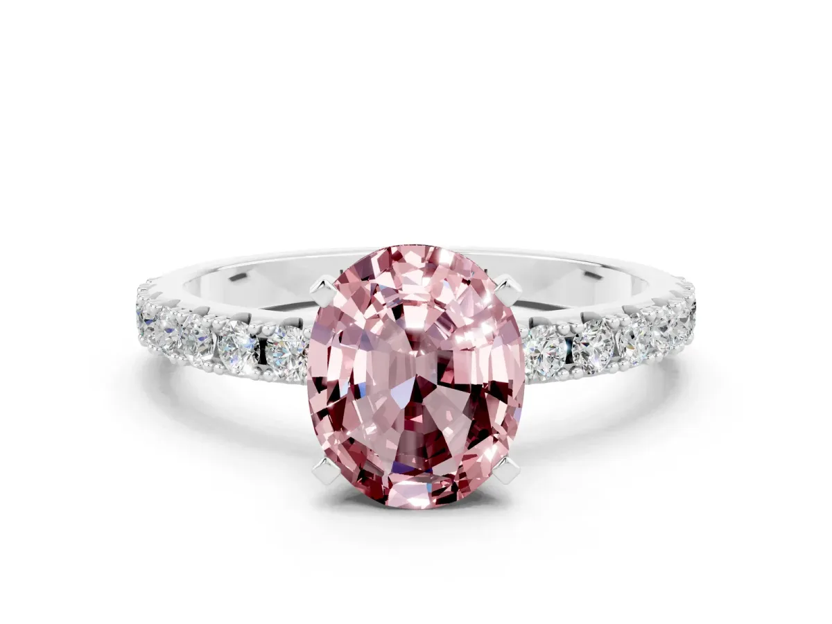 Oval Cut Morganite Solitaire Pavé Band with Four-Prong Setting Platinum