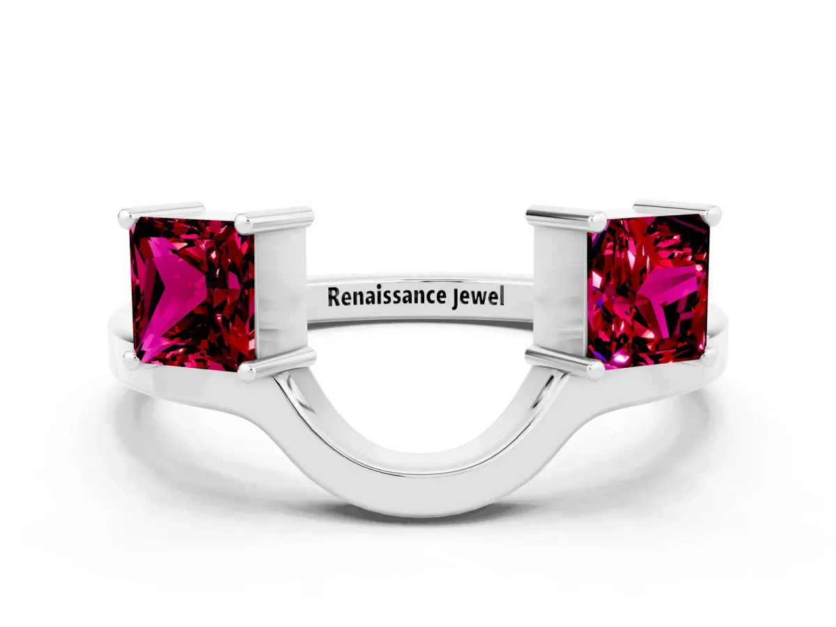 Princess Cut Garnet Two-Stone Open Band Ring with Four-Prong Setting White gold