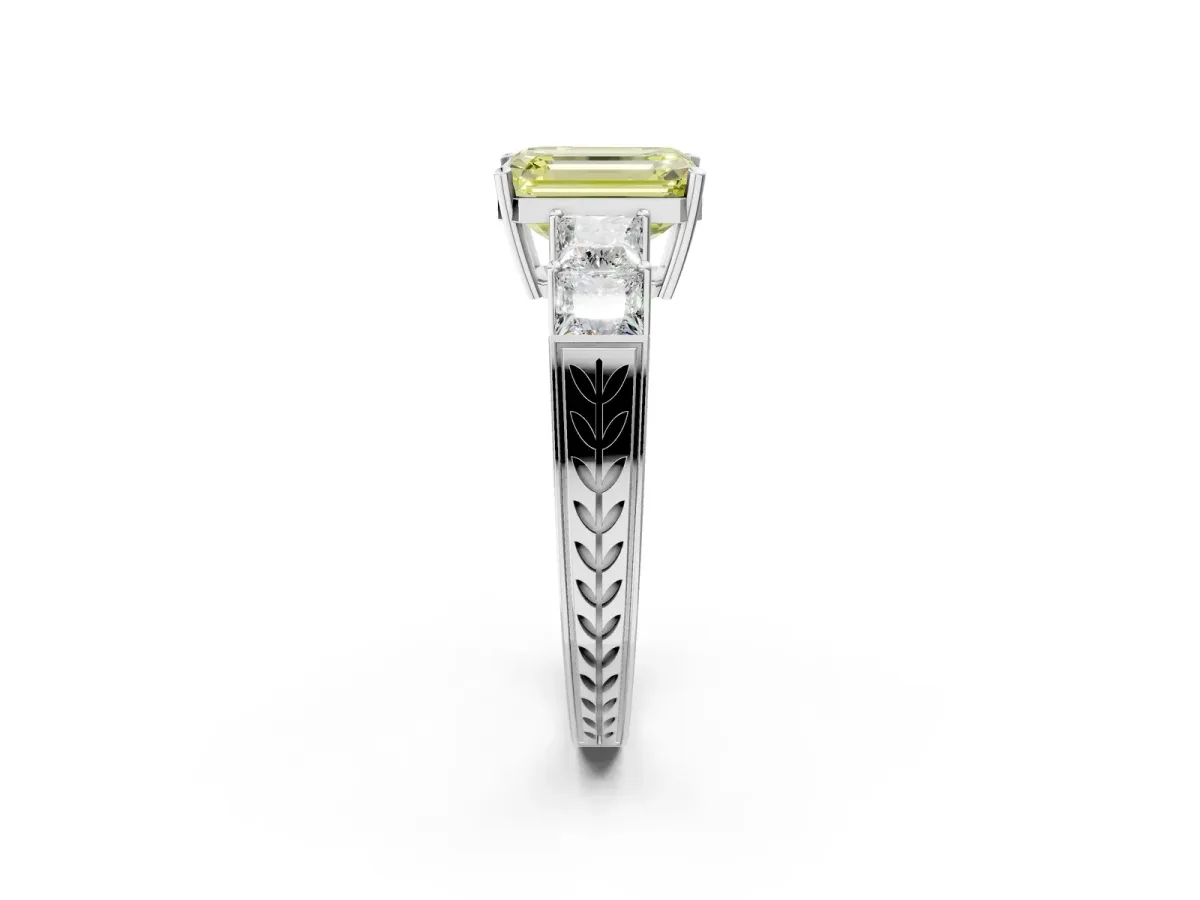 Fancy Yellow Emerald Cut Solitaire Princess Side Stone Engraved Band Prong Setting Ring Platinum