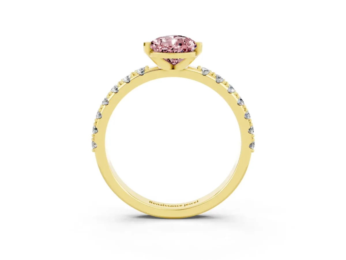 Pear Cut Morganite Solitaire Pavé Band with Four-Prong Setting Yellow gold