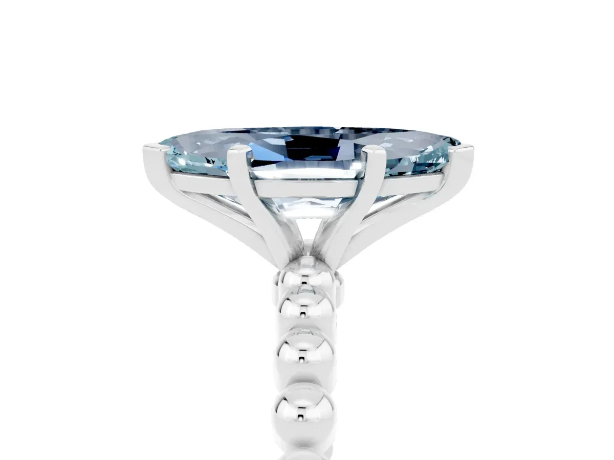 Marquise Cut Aquamarine Solitaire Ring with Beaded Band and Prong Setting Silver