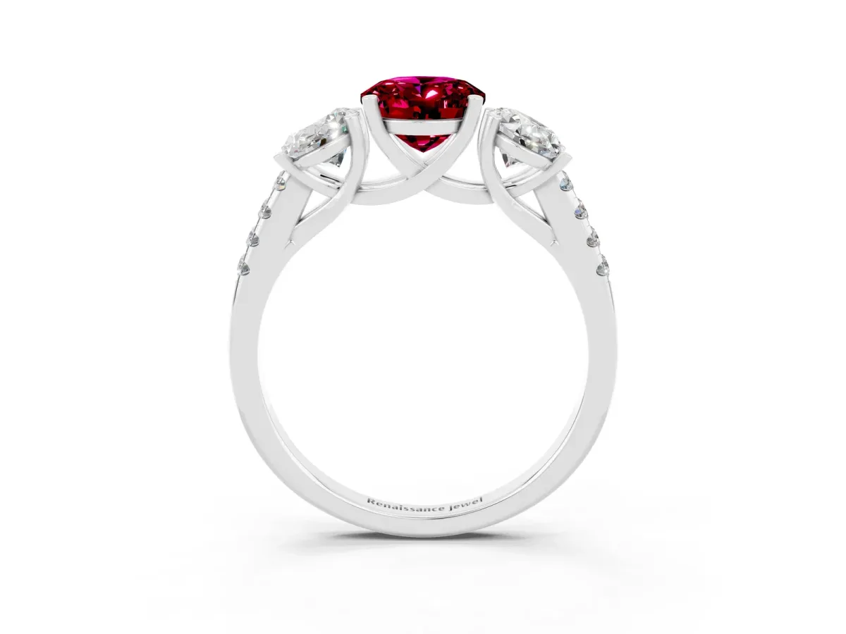 Three-Stone Oval Cut Garnet Ring with Round Pavé Band and Prong Setting Silver