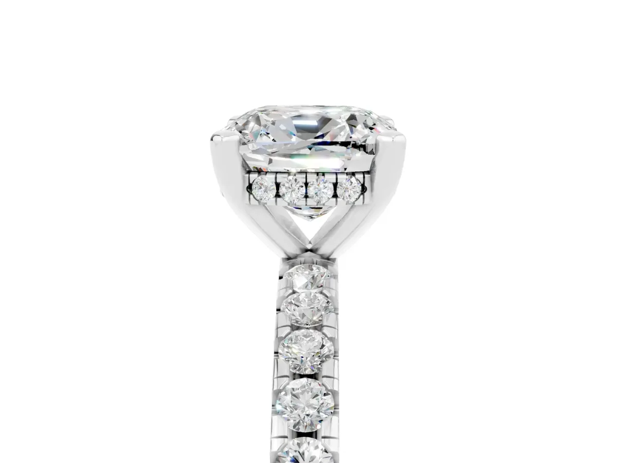 Cushion Cut Moissanite Solitaire Ring with Round Pavé Band and Four-Prong Setting Silver